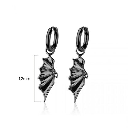 Black Bat Wing Dangling Huggie Hoop Earrings - Pair - 316L Stainless Steel