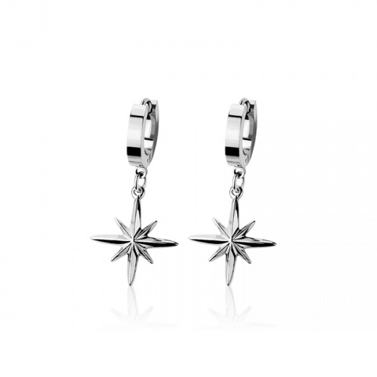 North Star Dangling Huggie Hoop Earrings - Pair - 316L Stainless Steel
