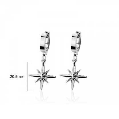 North Star Dangling Huggie Hoop Earrings - Pair - 316L Stainless Steel