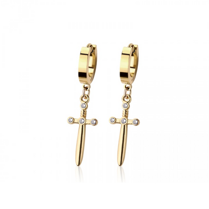 Sword Dangling Huggie Hoop Earrings - Pair - 316L Stainless Steel