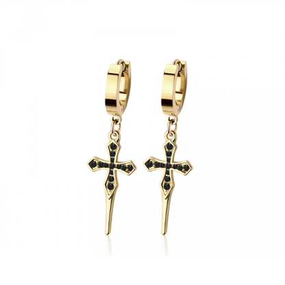 Black CZ Crystal Pointed Cross Dangling Huggie Hoop Earrings - Pair - 316L Stainless Steel