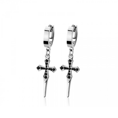 Black CZ Crystal Pointed Cross Dangling Huggie Hoop Earrings - Pair - 316L Stainless Steel