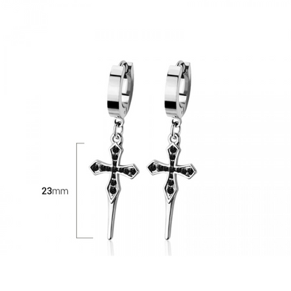 Black CZ Crystal Pointed Cross Dangling Huggie Hoop Earrings - Pair - 316L Stainless Steel