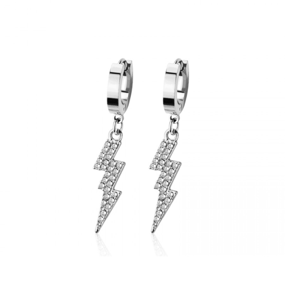 CZ Crystal Lightning Bolt Dangling Huggie Hoop Earrings - Pair - 316L Stainless Steel
