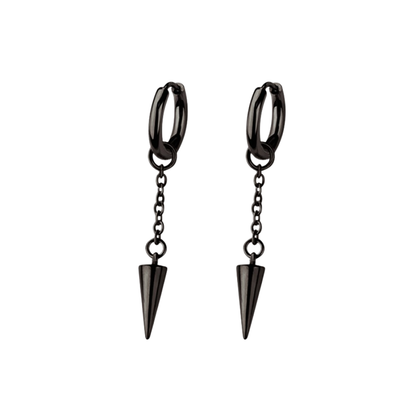 Dangling Chain with Spike Huggie Hoop Earrings - Pair - 316L Stainless Steel