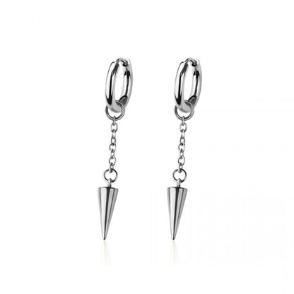 Dangling Chain with Spike Huggie Hoop Earrings - Pair - 316L Stainless Steel