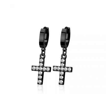 CZ Crystal Cross Dangling Huggie Hoop Earrings - Pair - 316L Stainless Steel