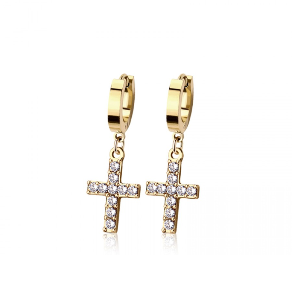 CZ Crystal Cross Dangling Huggie Hoop Earrings - Pair - 316L Stainless Steel