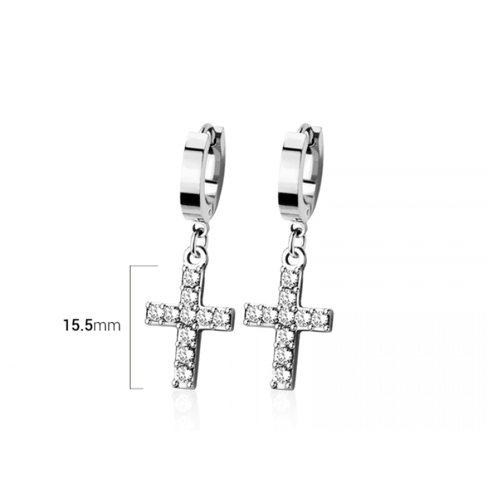 CZ Crystal Cross Dangling Huggie Hoop Earrings - Pair - 316L Stainless Steel