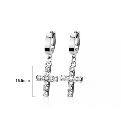 CZ Crystal Cross Dangling Huggie Hoop Earrings - Pair - 316L Stainless Steel