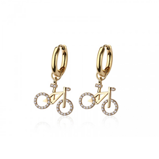 CZ Crystal Bicycle Dangling Huggie Hoop Earrings - Pair - 316L Stainless Steel