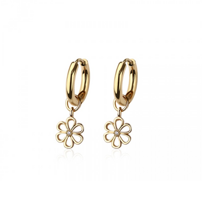 CZ Crystal Center Flower Outline Dangling Huggie Hoop Earrings - Pair - 316L Stainless Steel