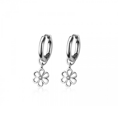 CZ Crystal Center Flower Outline Dangling Huggie Hoop Earrings - Pair - 316L Stainless Steel