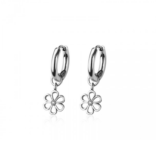 CZ Crystal Center Flower Outline Dangling Huggie Hoop Earrings - Pair - 316L Stainless Steel