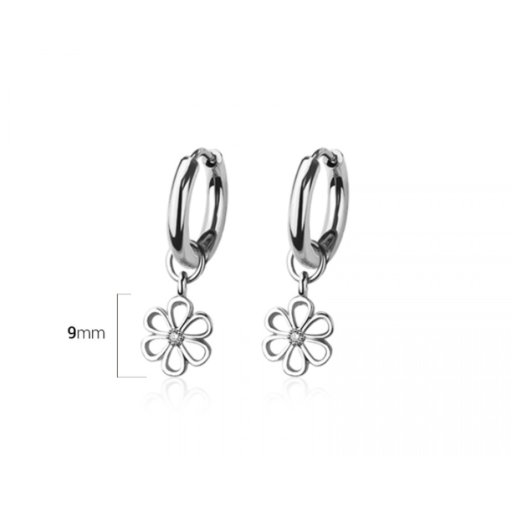 CZ Crystal Center Flower Outline Dangling Huggie Hoop Earrings - Pair - 316L Stainless Steel