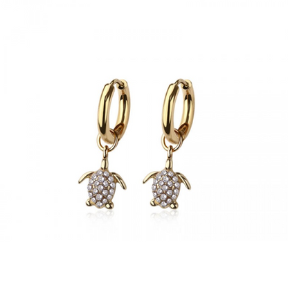 CZ Crystal Turtle Dangling Huggie Hoop Earrings - Pair - 316L Stainless Steel