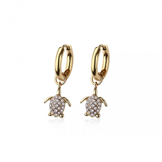 CZ Crystal Turtle Dangling Huggie Hoop Earrings - Pair - 316L Stainless Steel