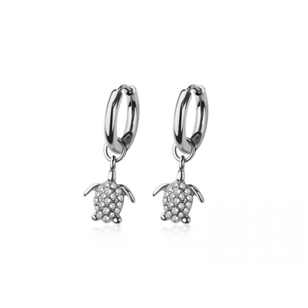 CZ Crystal Turtle Dangling Huggie Hoop Earrings - Pair - 316L Stainless Steel