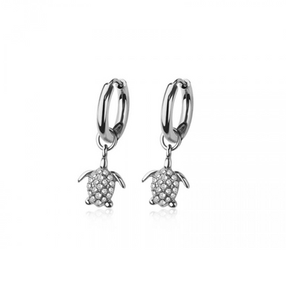 CZ Crystal Turtle Dangling Huggie Hoop Earrings - Pair - 316L Stainless Steel