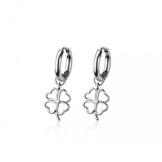 CZ Crystal Center Shamrock Outline Dangling Huggie Hoop Earrings - Pair - 316L Stainless Steel