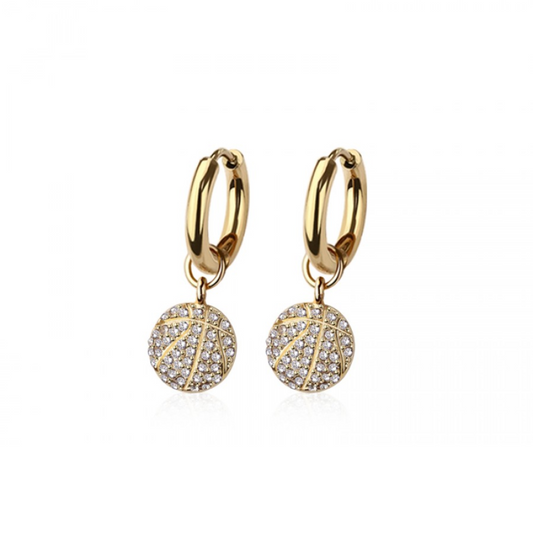 CZ Crystal Basketball Dangling Huggie Hoop Earrings - Pair - 316L Stainless Steel