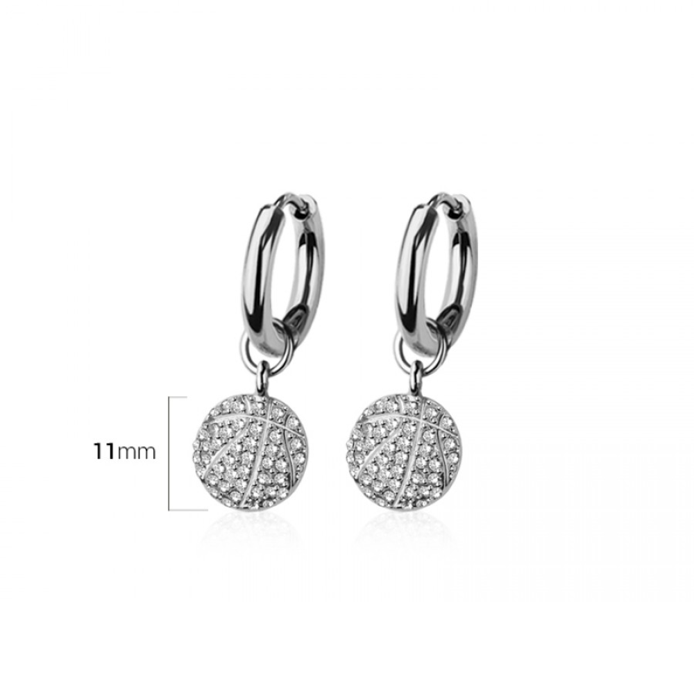 CZ Crystal Basketball Dangling Huggie Hoop Earrings - Pair - 316L Stainless Steel
