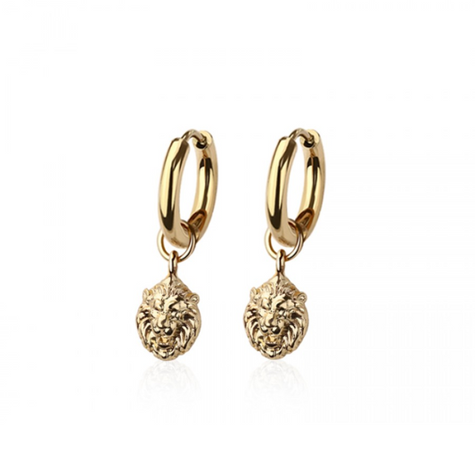 Lion Head Dangling Huggie Hoop Earrings - Pair - 316L Stainless Steel