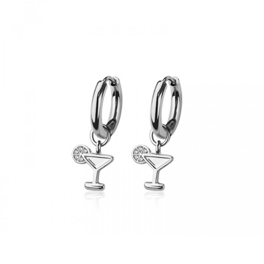 CZ Crystal Martini Drink Dangling Huggie Hoop Earrings - Pair - 316L Stainless Steel