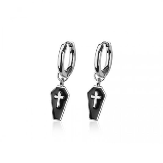 Enamel Coffin Dangling Huggie Hoop Earrings - Pair - 316L Stainless Steel