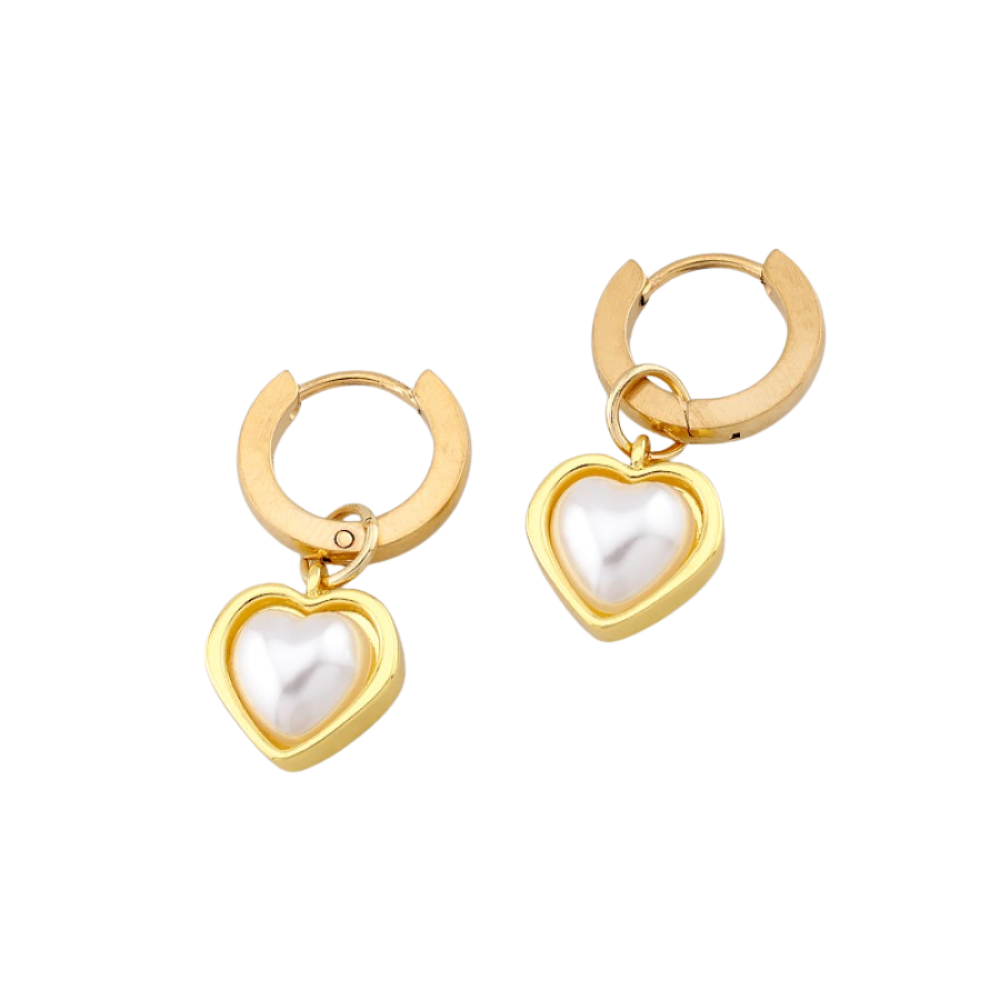 Simulated Pearl Heart Dangling Hoop Earrings - Pair - 316L Stainless Steel