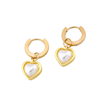 Simulated Pearl Heart Dangling Hoop Earrings - Pair - 316L Stainless Steel