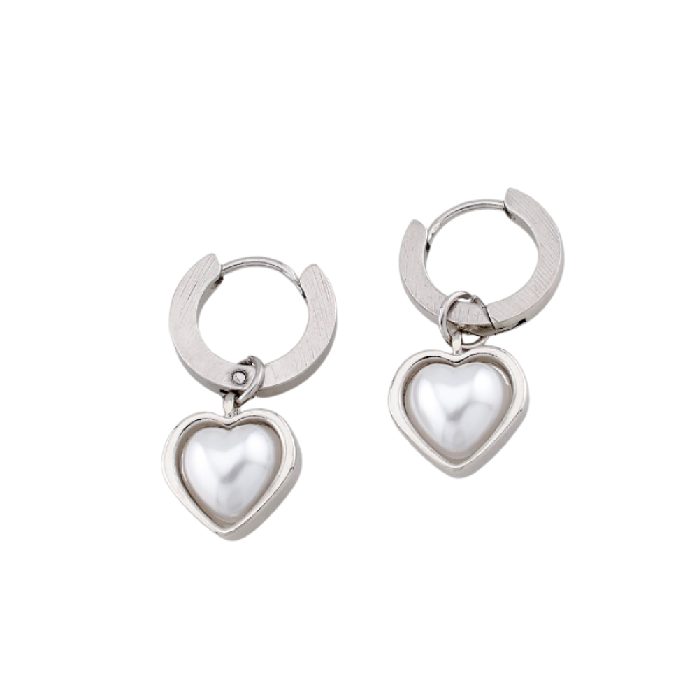 Simulated Pearl Heart Dangling Hoop Earrings - Pair - 316L Stainless Steel