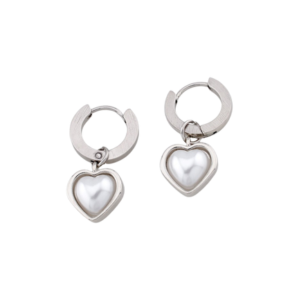 Simulated Pearl Heart Dangling Hoop Earrings - Pair - 316L Stainless Steel