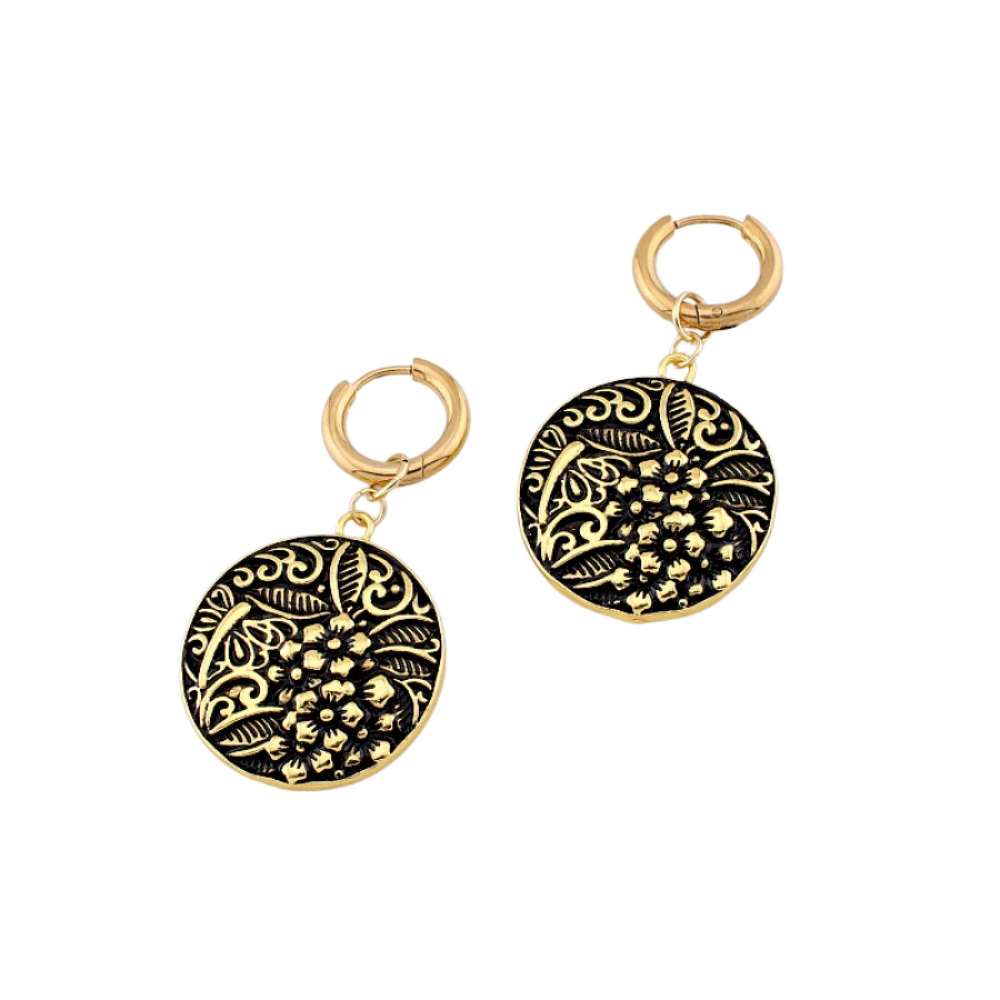 Floral Filigree Medallion Charm Dangling Hoop Earrings - Pair - 316L Stainless Steel