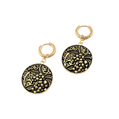 Floral Filigree Medallion Charm Dangling Hoop Earrings - Pair - 316L Stainless Steel