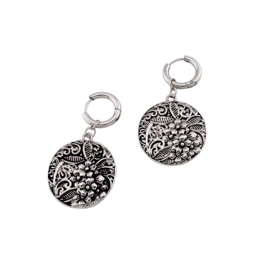 Floral Filigree Medallion Charm Dangling Hoop Earrings - Pair - 316L Stainless Steel