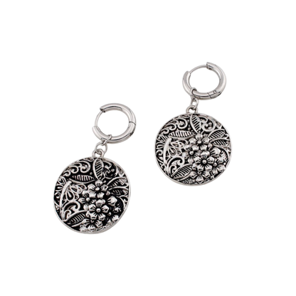 Floral Filigree Medallion Charm Dangling Hoop Earrings - Pair - 316L Stainless Steel