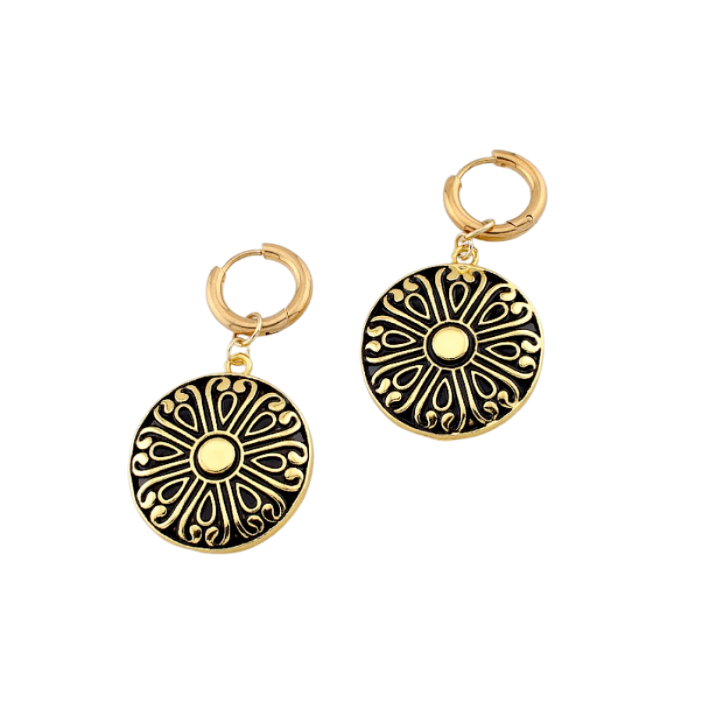 Filigree Medallion Charm Dangling Hoop Earrings - Pair - 316L Stainless Steel