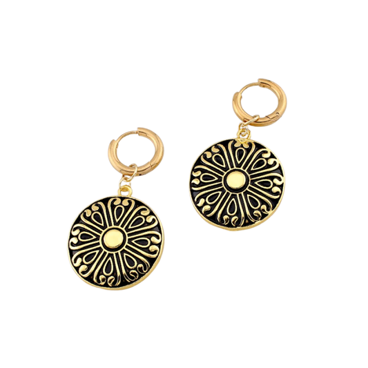Filigree Medallion Charm Dangling Hoop Earrings - Pair - 316L Stainless Steel