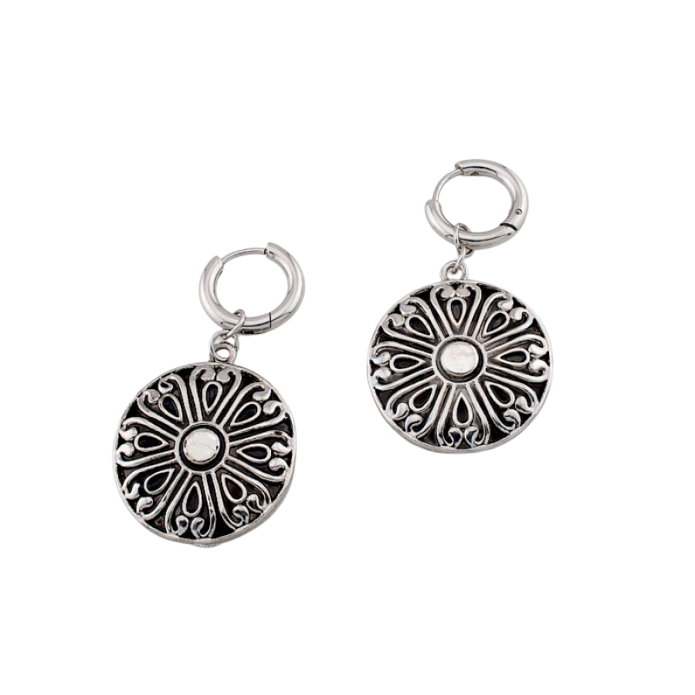 Filigree Medallion Charm Dangling Hoop Earrings - Pair - 316L Stainless Steel