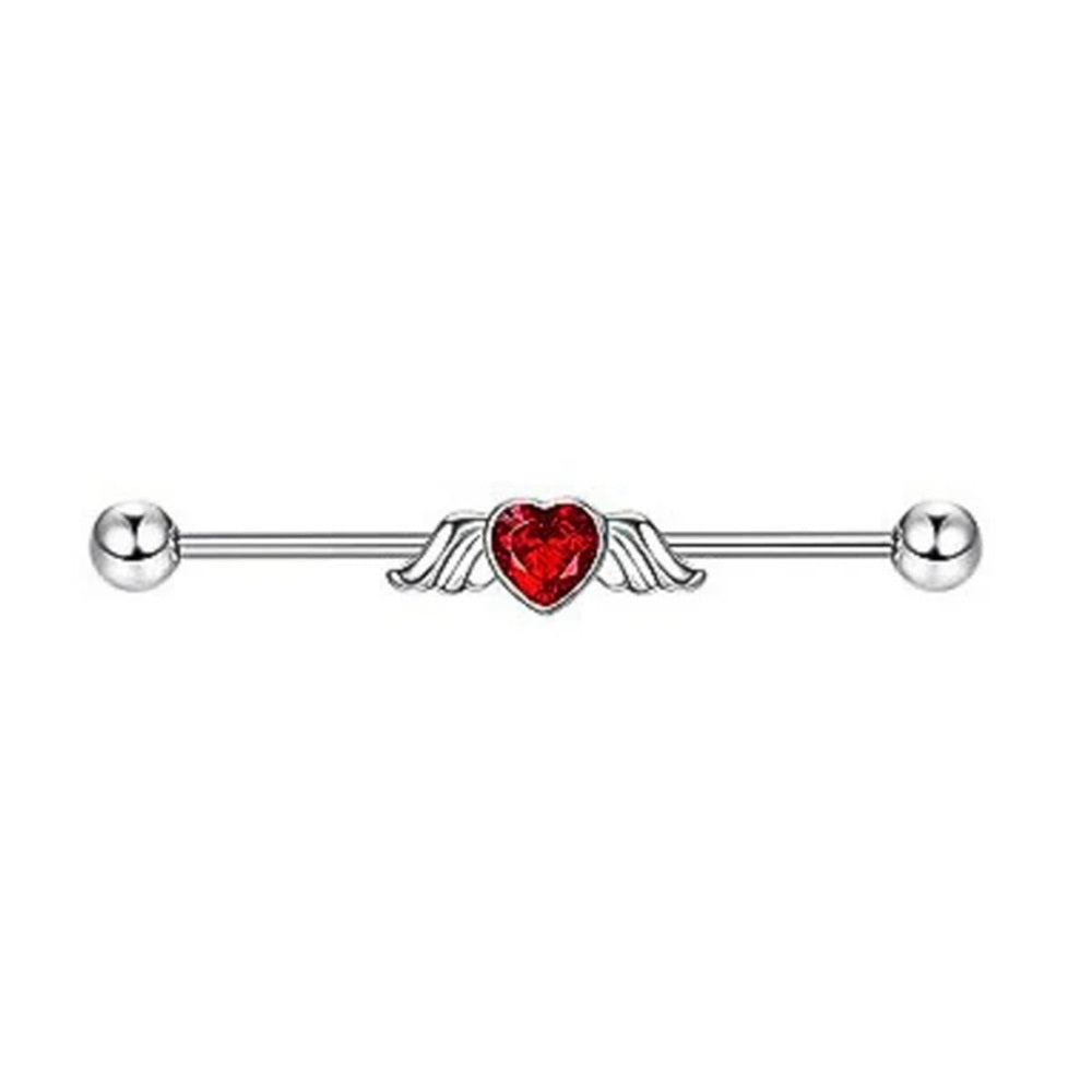 Red CZ Crystal Heart with Wings Industrial Barbell - 316L Stainless Steel