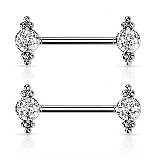 Threadless Push-in CZ Crystal Center with Ball Clusters Nipple Barbells - Stainless Steel - Pair