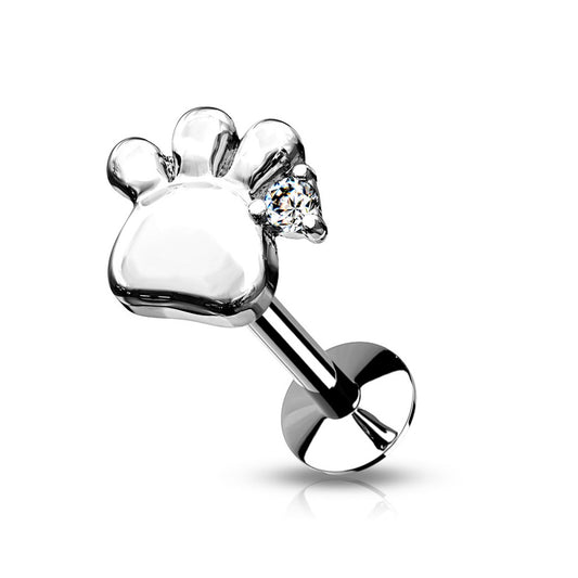 Threadless Push-in CZ Crystal Paw Print Flat Back Labret Stud - 316L Stainless Steel