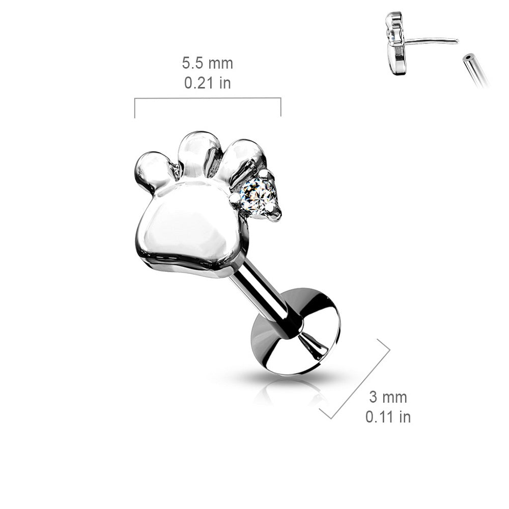 Threadless Push-in CZ Crystal Paw Print Flat Back Labret Stud - 316L Stainless Steel