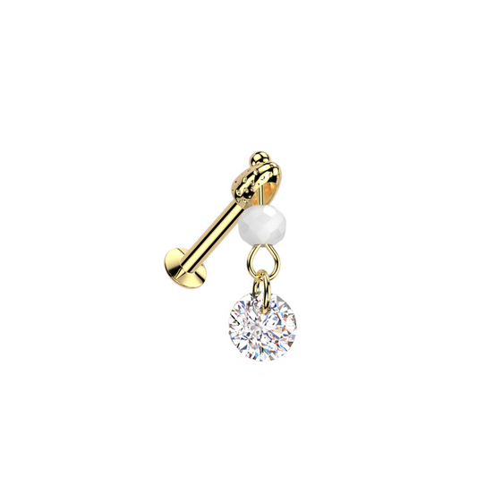 Threadless Push In Dangling Faux Pearl and Crystal Flat Back Stud - 316L Stainless Steel