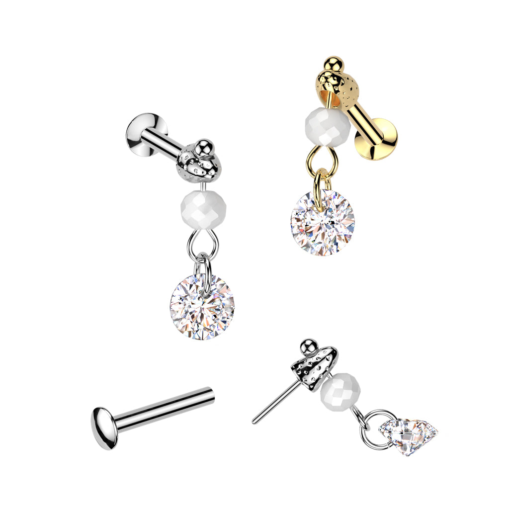 Threadless Push In Dangling Faux Pearl and Crystal Flat Back Stud - 316L Stainless Steel