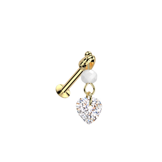 Threadless Push In Dangling Faux Pearl and Heart Shaped Crystal Flat Back Stud - 316L Stainless Steel