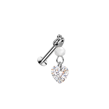 Threadless Push In Dangling Faux Pearl and Heart Shaped Crystal Flat Back Stud - 316L Stainless Steel