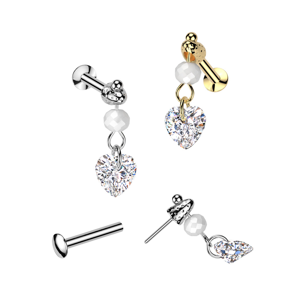 Threadless Push In Dangling Faux Pearl and Heart Shaped Crystal Flat Back Stud - 316L Stainless Steel