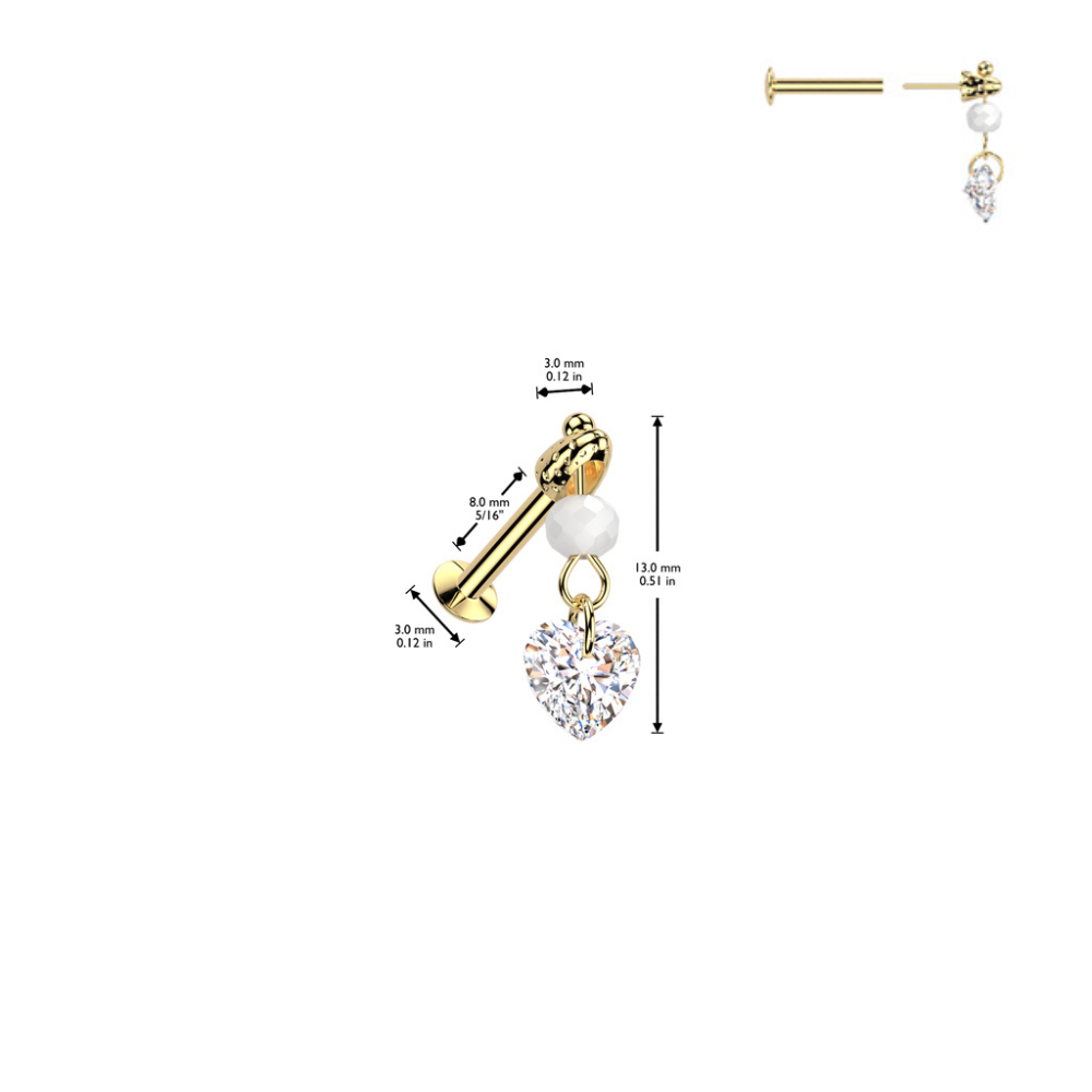 Threadless Push In Dangling Faux Pearl and Heart Shaped Crystal Flat Back Stud - 316L Stainless Steel